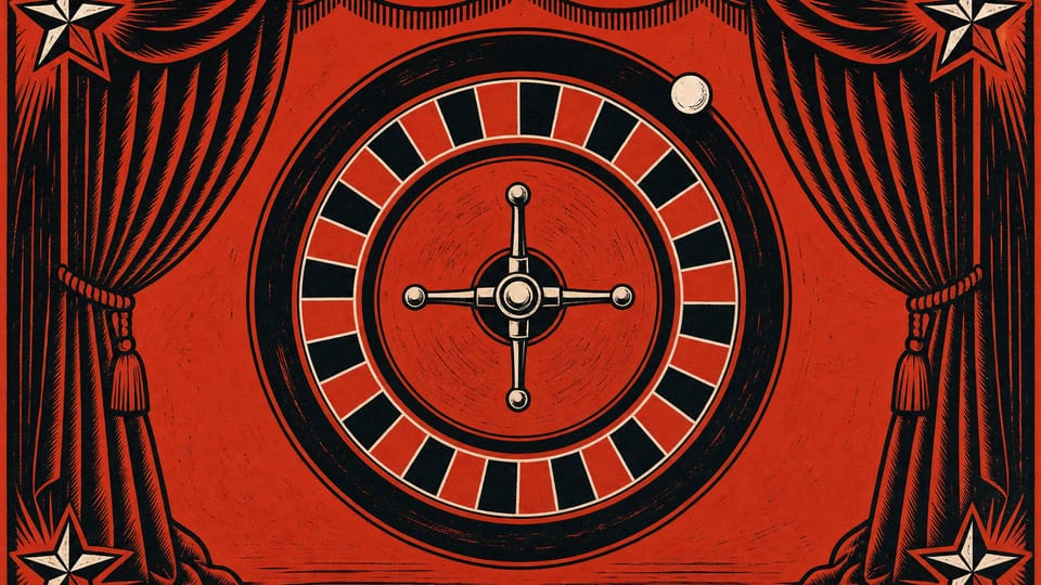 Rueda de ruleta en vivo dibujada como grabado sobre fondo bermellón